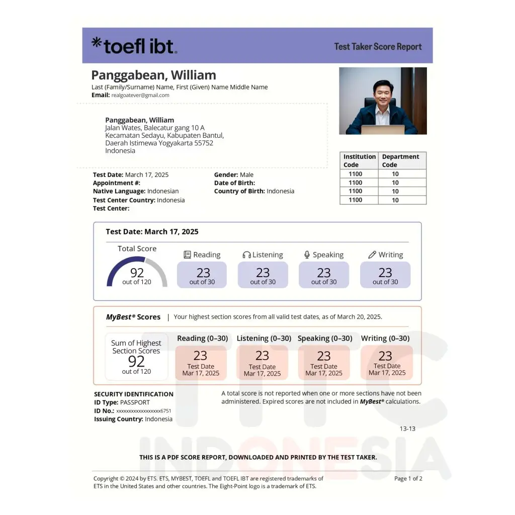 Contoh Sertifikat TOEFL IBT